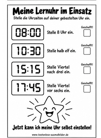 Ausmalbild Lernuhr einstellen üben