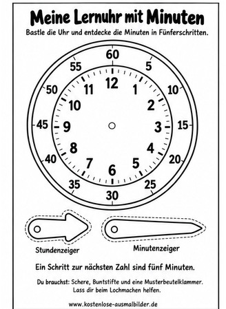 Ausmalbild Lernuhr mit Minutenring basteln