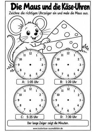 Ausmalbild Maus mit Käse Uhrzeiger einzeichnen