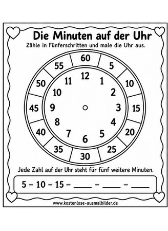 Ausmalbild Minuten auf der Uhr lernen