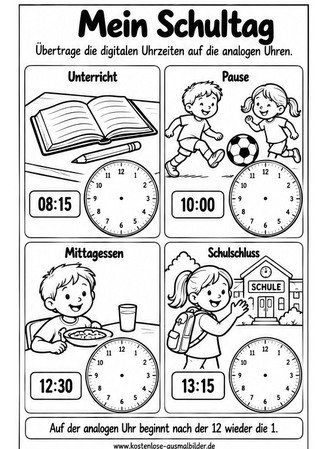Ausmalbild Schultag Uhrzeiten einzeichnen
