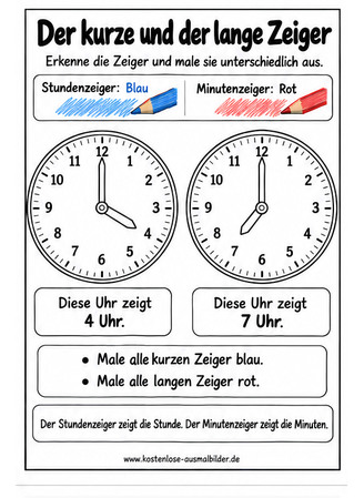 Ausmalbild Stundenzeiger und Minutenzeiger unterscheiden