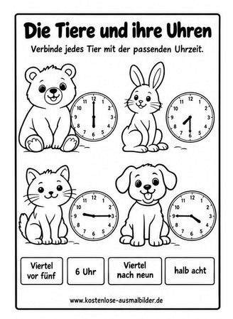 Ausmalbild Tier Uhren Uhrzeiten zuordnen