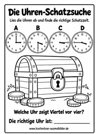 Ausmalbild Uhren Schatzsuche Viertel vor vier
