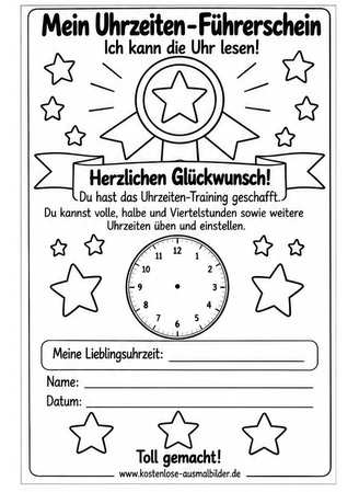 Ausmalbild Uhrzeiten Führerschein Urkunde