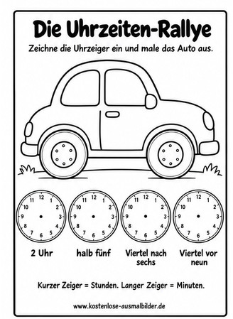Ausmalbild Uhrzeiten Rallye mit Auto