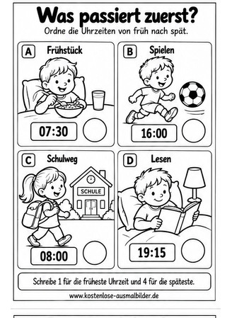 Ausmalbild Uhrzeiten nach Reihenfolge ordnen