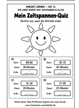 Ausmalbild Zeitspannen Quiz Endzeit berechnen
