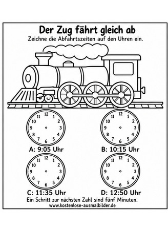 Ausmalbild Zug Abfahrtszeiten Zeiger einzeichnen