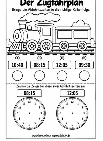 Ausmalbild Zugfahrplan Abfahrtszeiten ordnen
