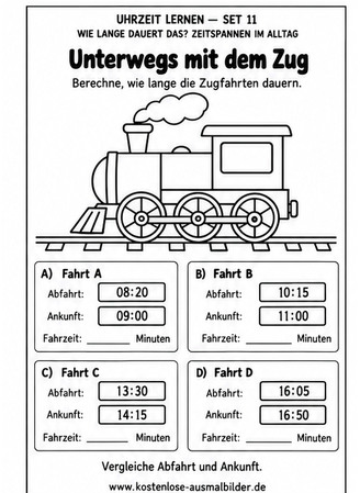 Ausmalbild Zugfahrten Zeitspannen berechnen