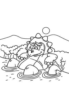Ausmalbild Dinosaurier geht baden