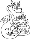 Ausmalbild Drache mit Geburtstagskuchen