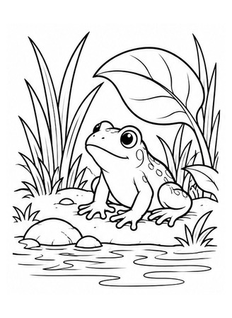 Ausmalbild Frosch unter grossem Blatt