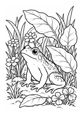 Ausmalbild Frosch zwischen Blättern und Blumen