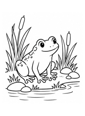 Ausmalbild Frosch zwischen Schilf und Steinen