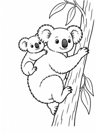 Ausmalbild Koala Mutter mit Jungtier auf dem Rücken