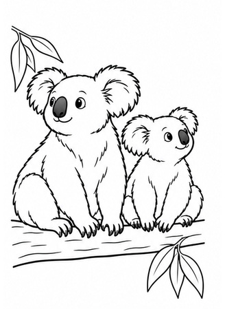 Ausmalbild Koala Mutter mit Jungtier auf einem Ast