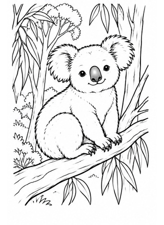 Ausmalbild Koala im Eukalyptuswald