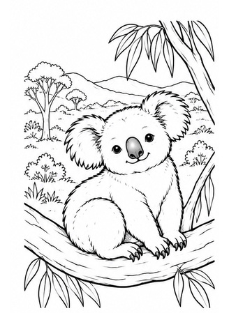Ausmalbild Koala in australischer Landschaft