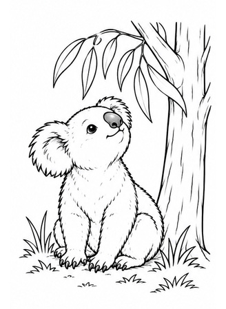 Ausmalbild Koala sitzt am Eukalyptusbaum