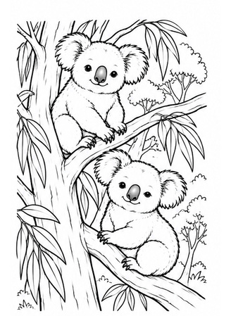 Ausmalbild Zwei Koalas im Eukalyptusbaum