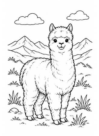 Ausmalbild Alpaka auf der Bergwiese