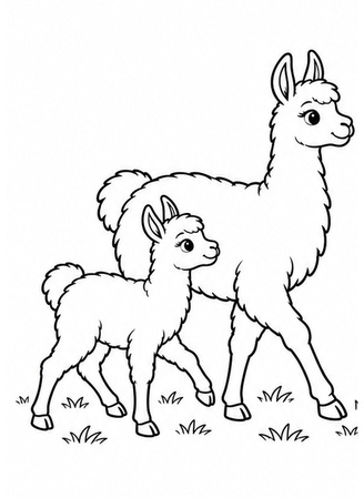 Ausmalbild Lama Jungtier läuft neben seiner Mutter
