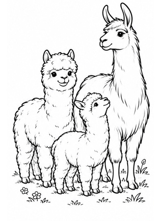 Ausmalbild Lama mit Alpaka und Jungtier