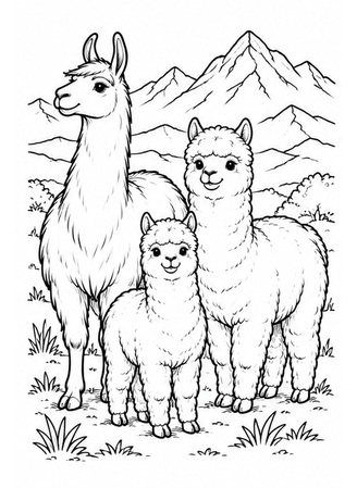 Ausmalbild Lama mit zwei Alpakas in den Anden
