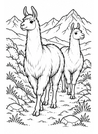 Ausmalbild Zwei Lamas auf dem Bergweg
