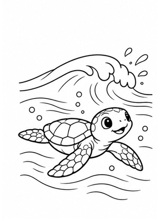 Ausmalbild Junge Meeresschildkröte schwimmt durch die Welle