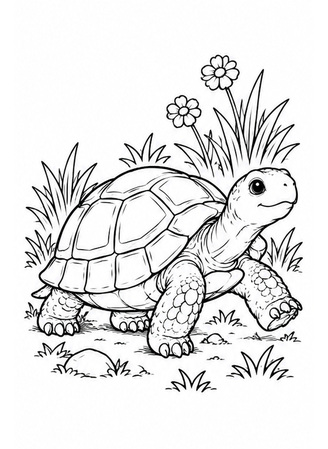 Ausmalbild Landschildkröte zwischen Gras und Blumen