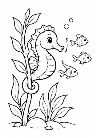 Ausmalbild Seepferdchen mit kleinen Fischen