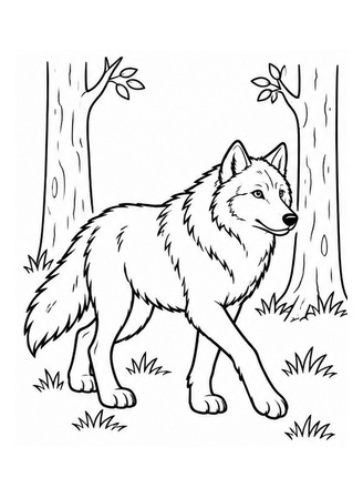 Ausmalbild Wolf auf Waldlichtung