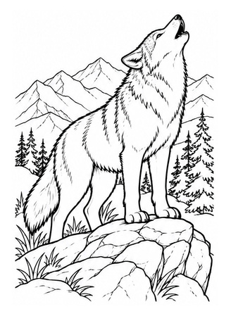 Ausmalbild Wolf heult auf Felsen