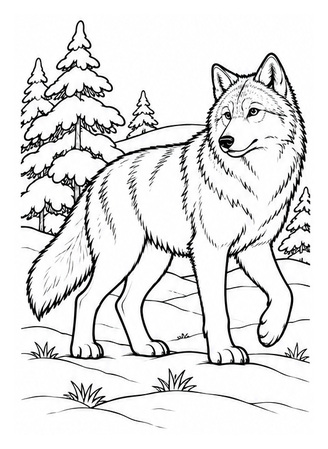 Ausmalbild Wolf in Winterlandschaft