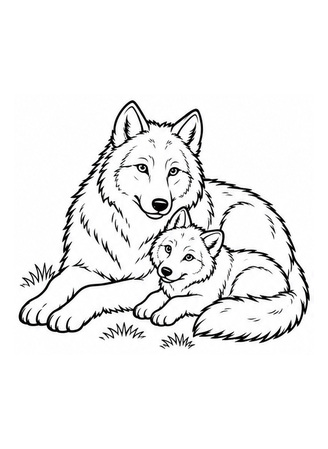 Ausmalbild Wolf liegt mit Wolfswelpe