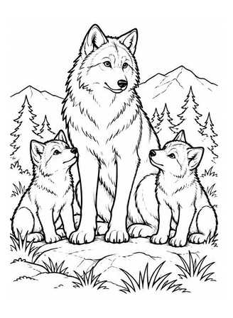 Ausmalbild Wolf mit zwei Wolfswelpen