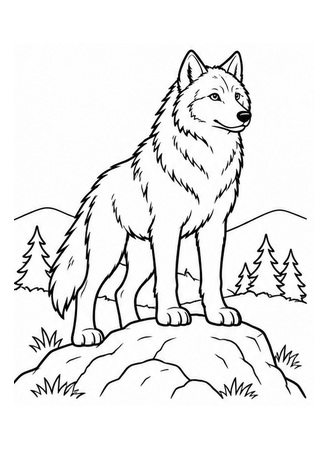 Ausmalbild Wolf steht auf Felsen