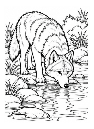 Ausmalbild Wolf trinkt am Bach