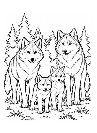 Ausmalbild Wolfsfamilie mit zwei Welpen