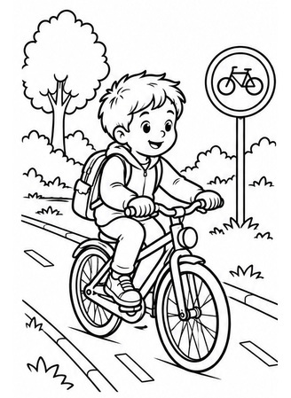 Ausmalbild Fahrrad auf dem Radweg mit Helm