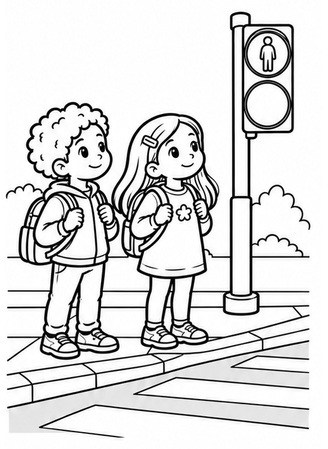Ausmalbild Gemeinsam an der Ampel