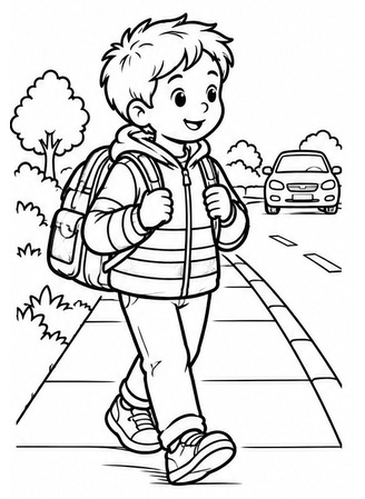 Ausmalbild Kind geht auf dem Gehweg