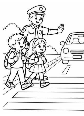 Ausmalbild Polizei hilft auf dem Schulweg