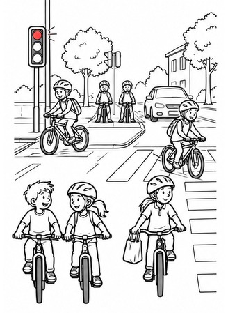 Ausmalbild Fahrrad an der Ampel