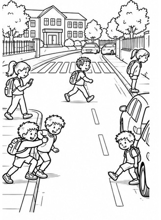 Ausmalbild Schulweg Gefahren erkennen