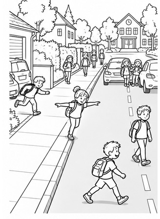 Ausmalbild Sicherer Schulweg Gefahren suchen