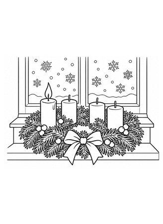 Ausmalbild Adventskranz am Fenster